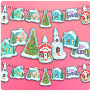 Snowy Village Retro Style 6.5' Christmas Hanging Banner