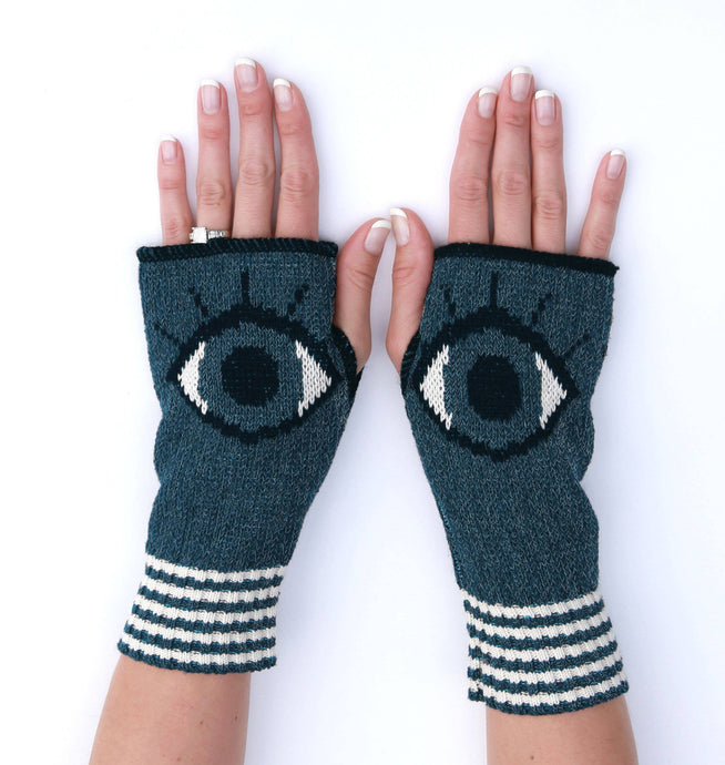 Womens Hand Warmers Fingerless Gloves - Big Eyes teal