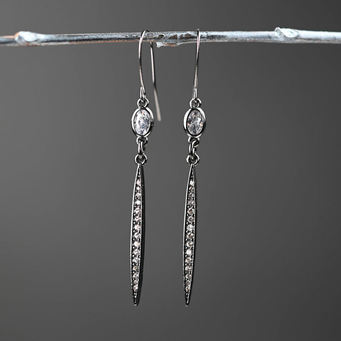 Earrings: Gunmetal Deco Pave Point Stone Drop Earrings