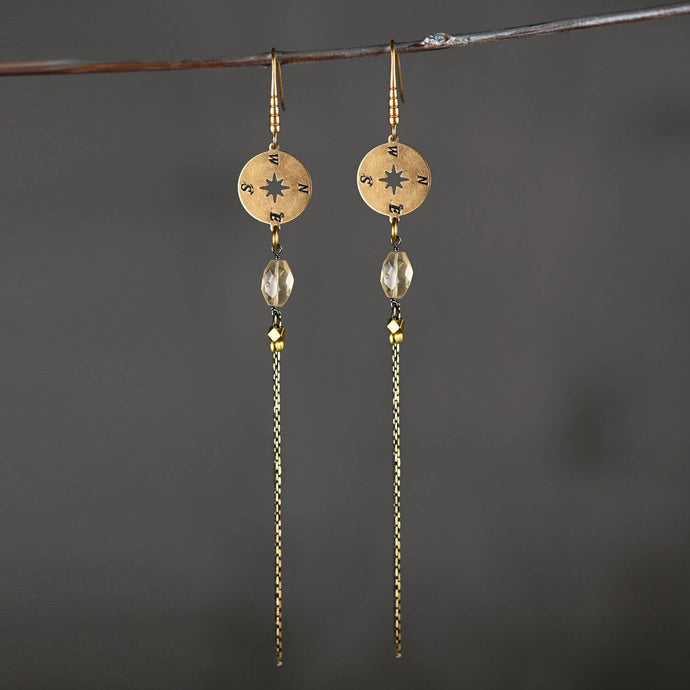Earrings-Brass Compass w/ Semi Precious (Citrine)