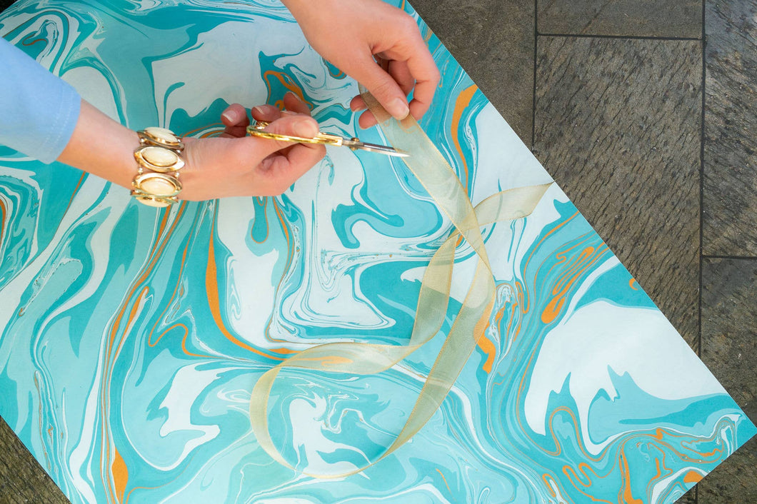 Hand Marbled Gift Wrap Sheets - Aquamarine