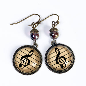 Treble Clef Music Decoupaged Glass Cabochon Dangle Earrings