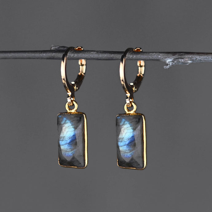 Earrings-Golden Huggie with Rectangle Semi Precious Earrings